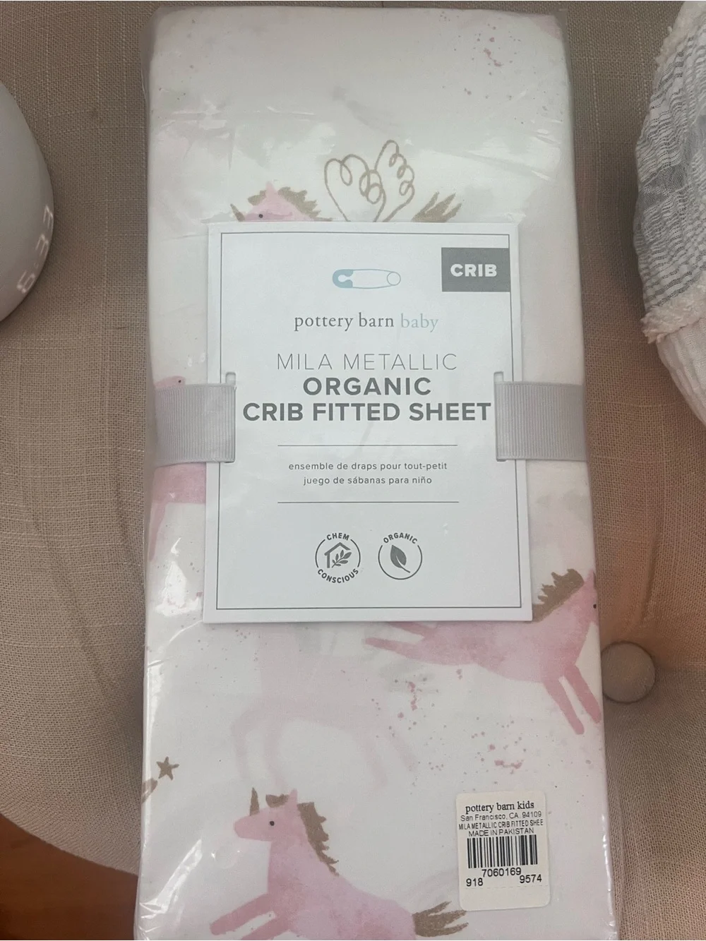 Pottery Barn Mila Metallic Organic Crib Fitted Sheet - Pink Unicorn